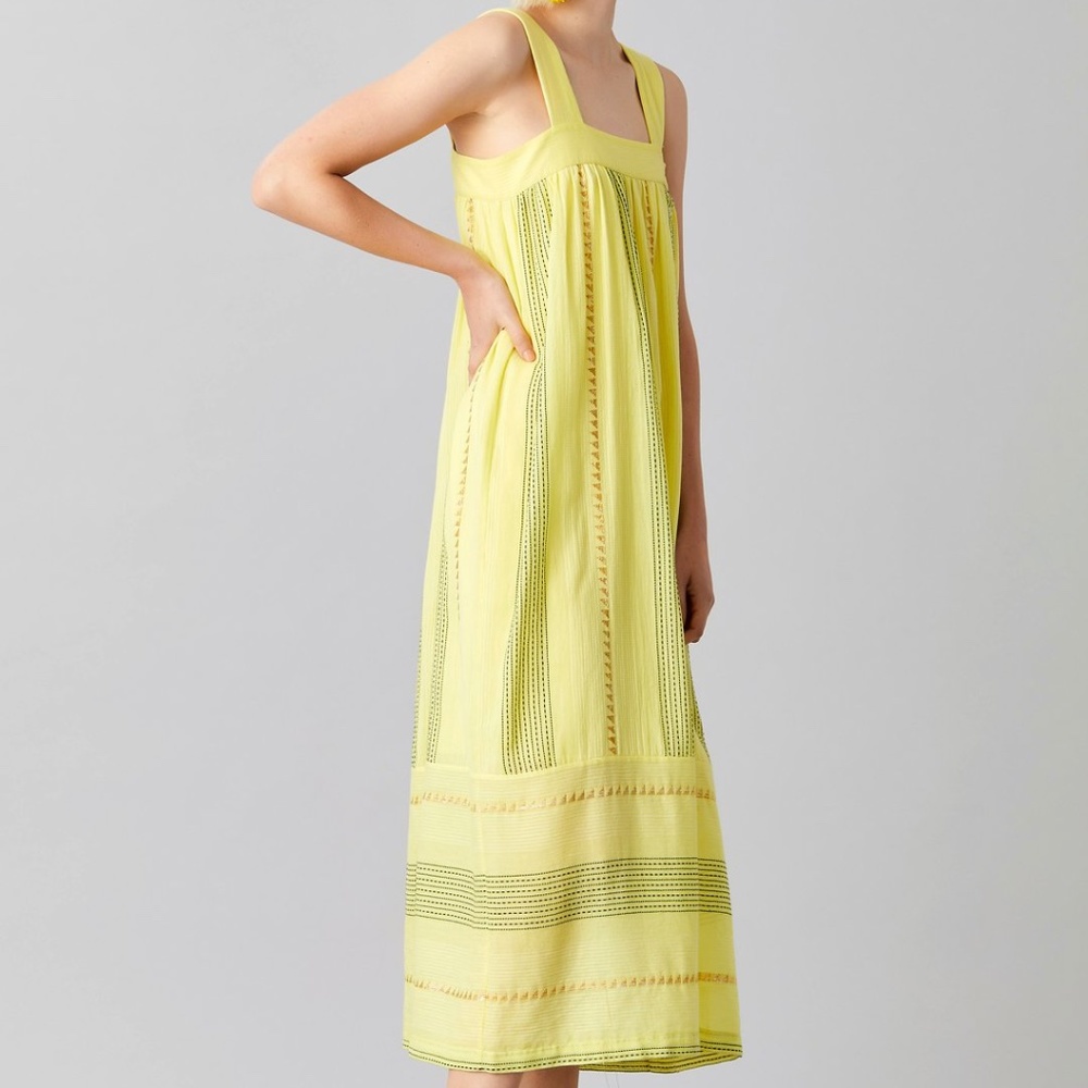 Megan Park sundress in butter yellow with gold accents